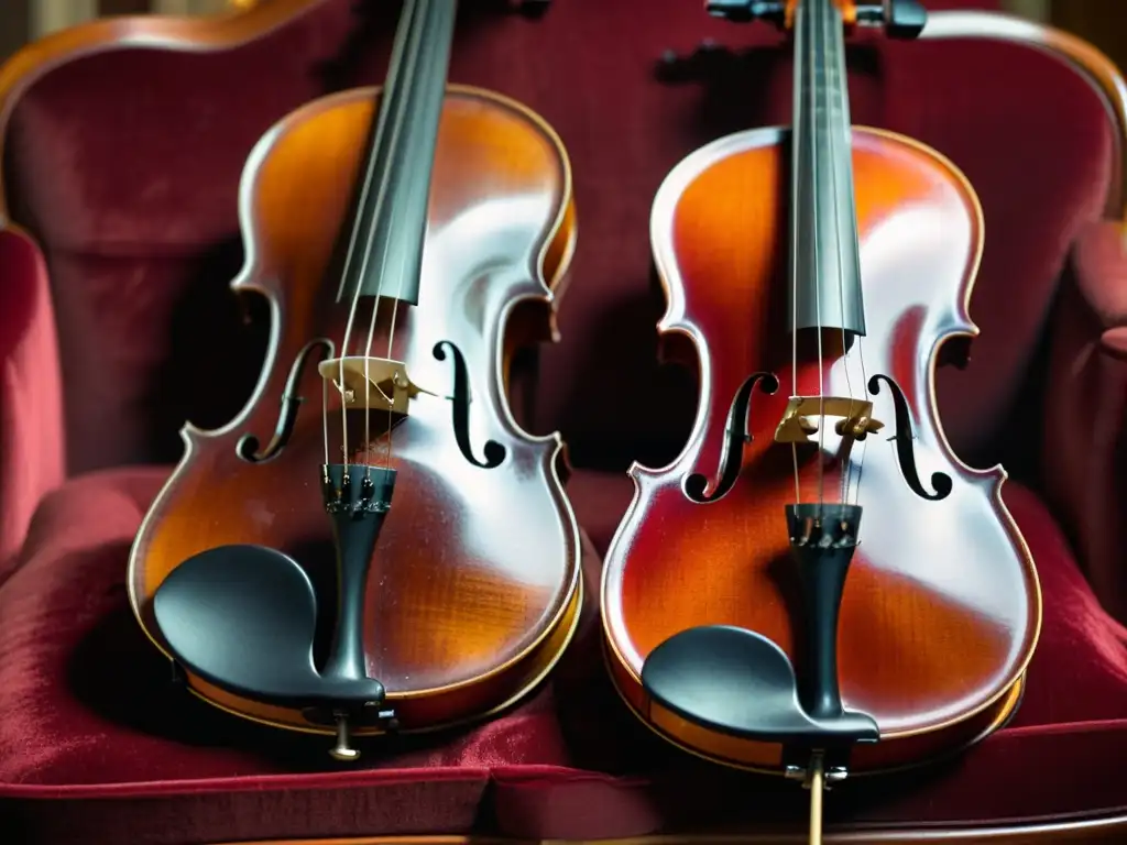 Dúo de violín y violonchelo vintage en terciopelo rojo Dos violines y cellos en cine descansando juntos en terciopelo rojo, con detalles de madera rica y curvas delicadas