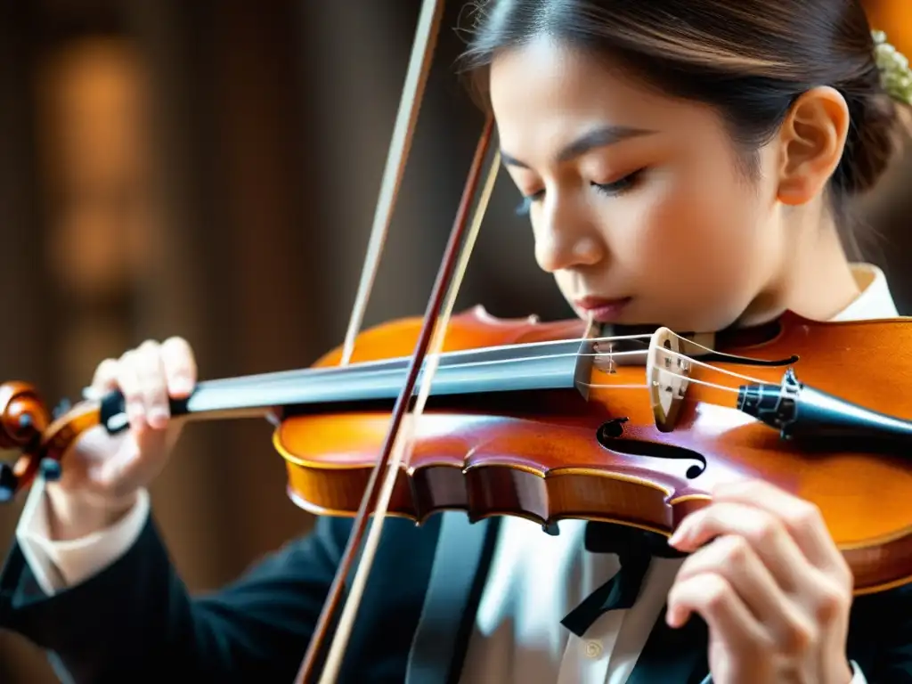 Un violinista hábil y concentrado mueve elegantemente el arco sobre las cuerdas de un violín de cuerda doble, creando un sonido enriquecido