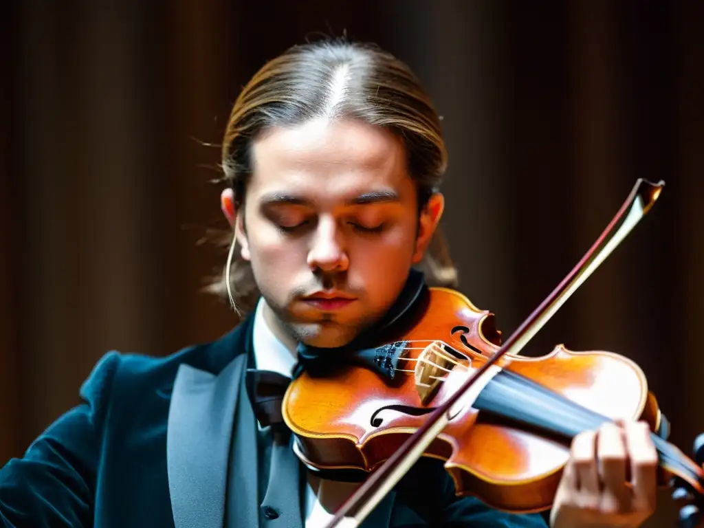 Un violinista concentrado en la preparación mental antes de ejecutar su instrumento de cuerda