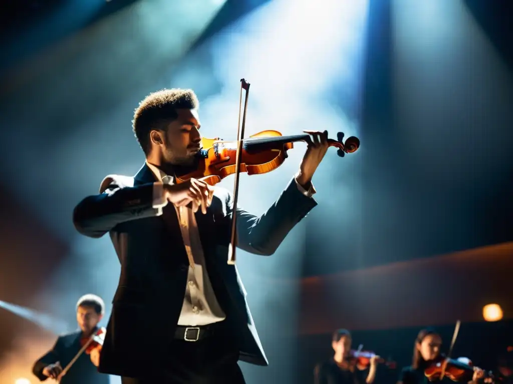 Un violinista contemporáneo en un concierto pop, fusionando lo clásico con lo moderno