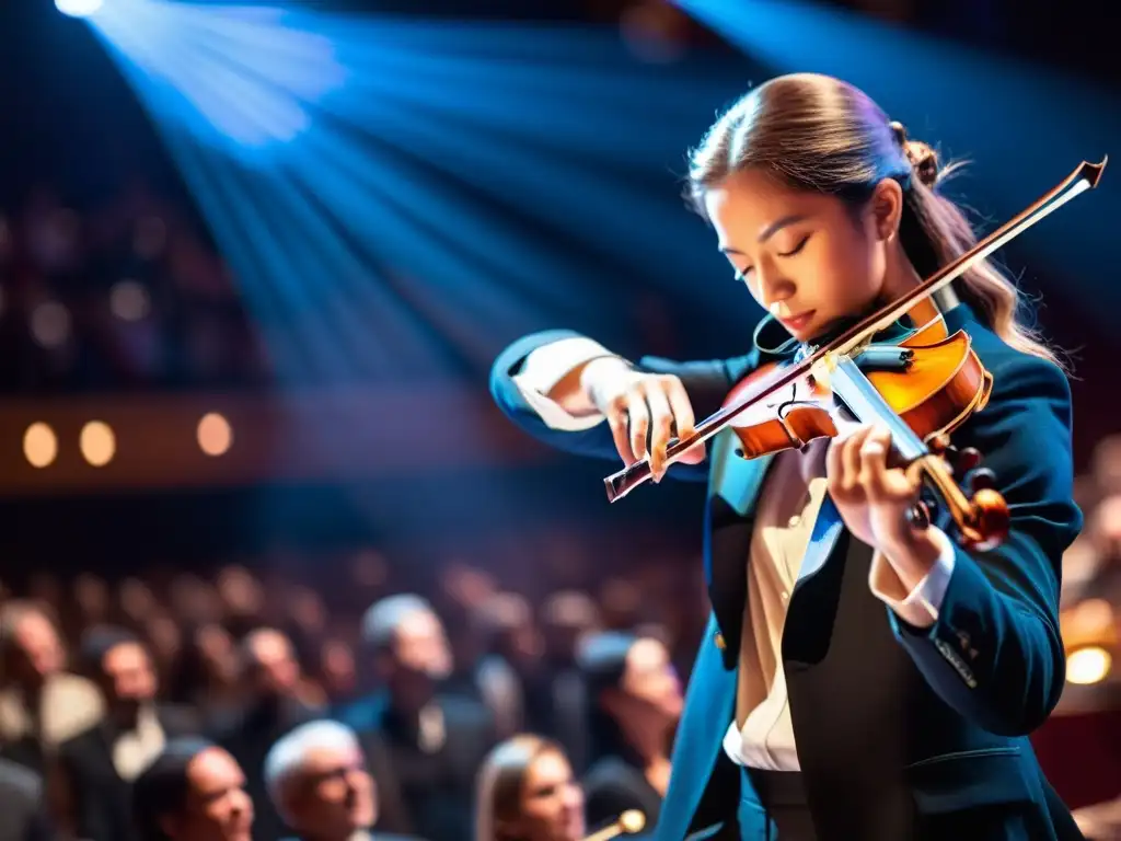 Un violinista interpreta con pasión en escenario iluminado, con público de fondo