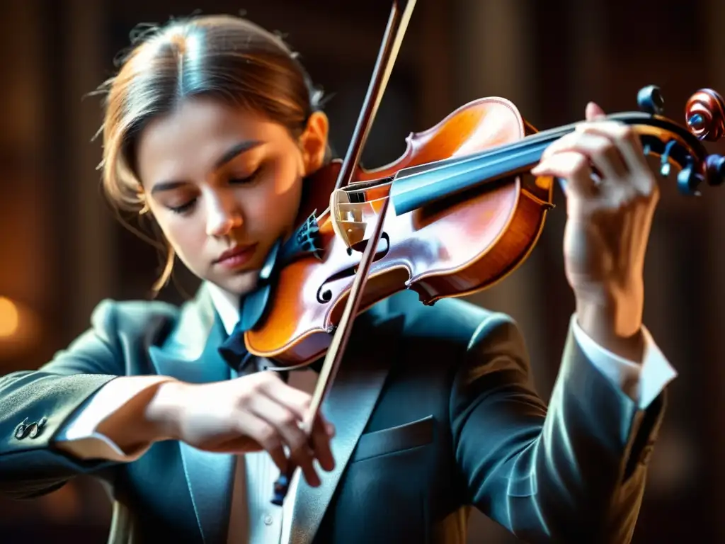 Maestría en acción: Violinista experto tocando con pasión Un violinista experto toca con pasión su violín antiguo en una atmósfera cálida y emotiva