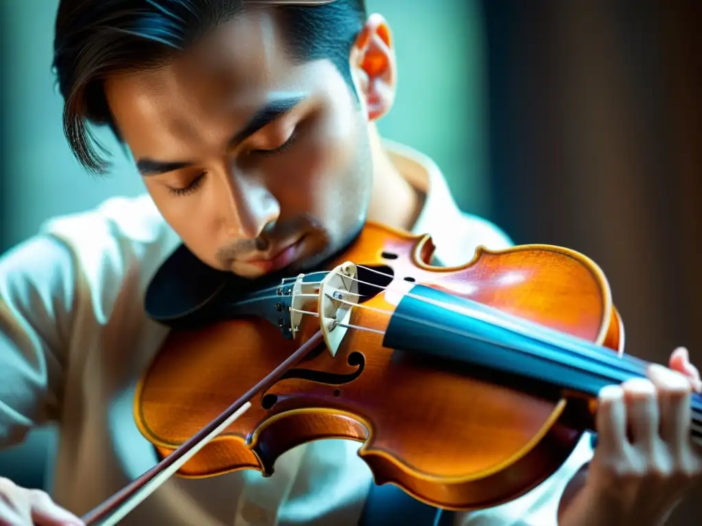 Un violinista concentra la física del sonido en instrumentos musicales al tocar su violín con pasión