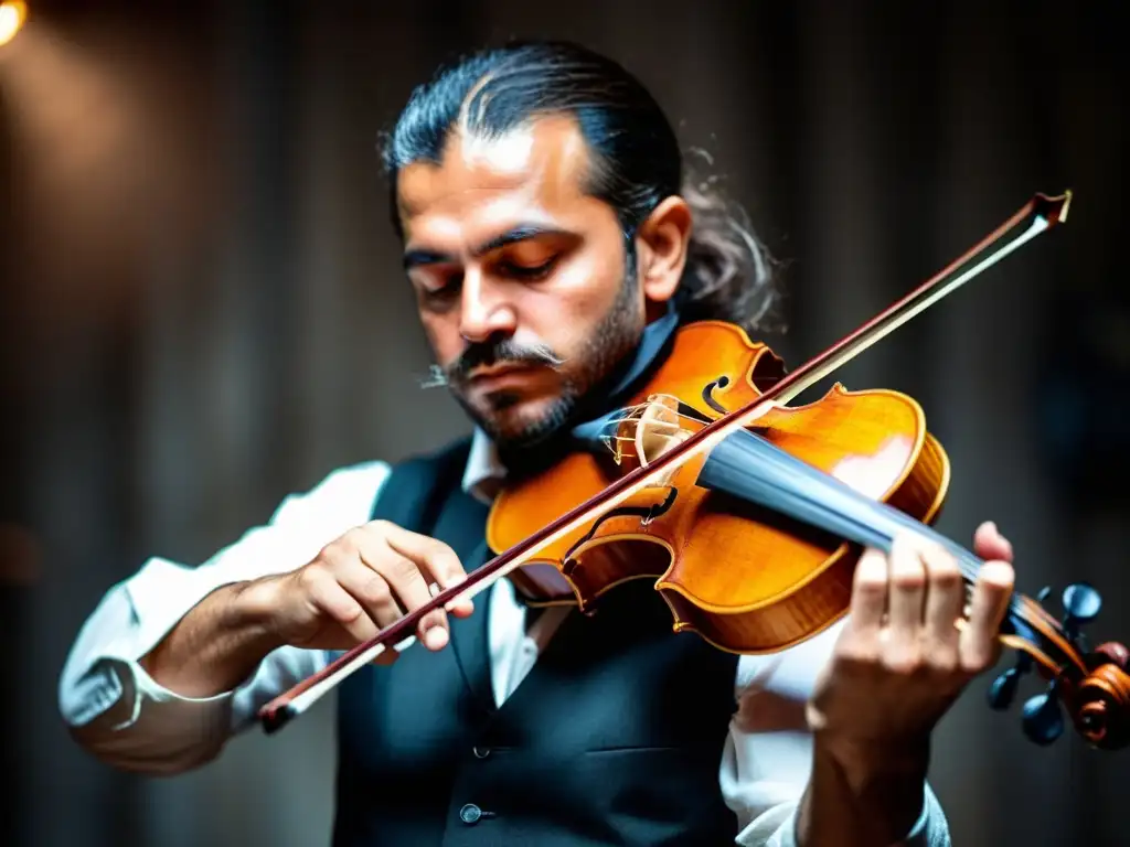 Un violinista gitano improvisando con pasión, las cuerdas vibrando y el sudor en su frente