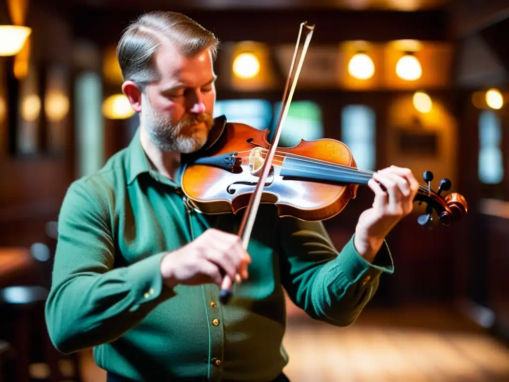 Un violinista habilidoso toca con pasión en un pub irlandés tradicional, creando una atmósfera auténtica de la tradición del violín en Irlanda