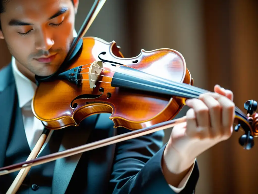 Un violinista habilidoso ejecuta técnicas avanzadas para violinistas, deslizando el arco con precisión sobre las cuerdas de un hermoso violín