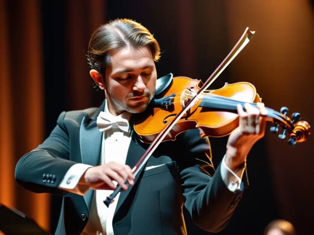 Un violinista ejecuta con pasión su instrumento clásico en el escenario, mostrando un intenso vínculo entre el intérprete y la música