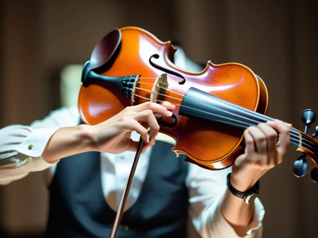 Un violinista profesional demuestra la ergonomía en el diseño de instrumentos musicales con movimientos gráciles y precisos en el violín