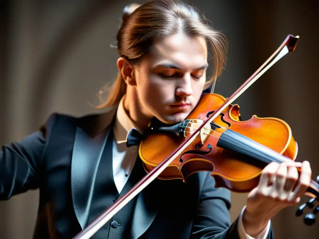 Un violinista profesional en pleno acto, tocando con pasión y destreza