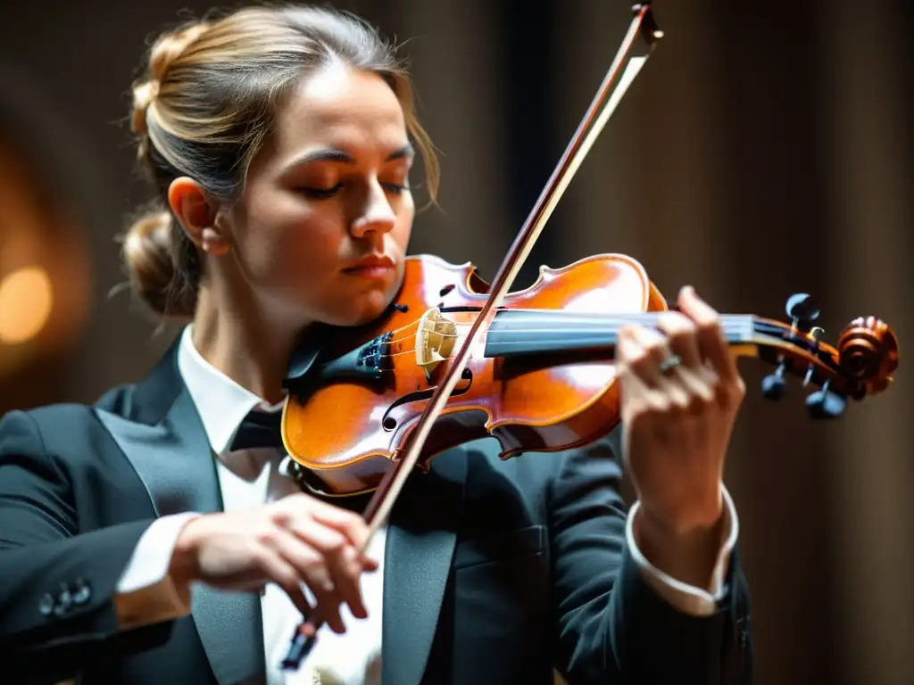 Un violinista profesional concentra su técnica de sordina en instrumentos de cuerda, preparándose para tocar con intensidad