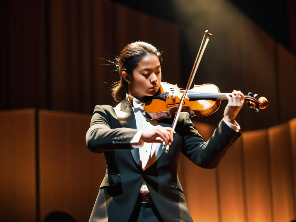 Un violinista de renombre ejecuta con pasión en uno de los concursos de violín más prestigiosos del mundo, bajo una dramática iluminación cálida