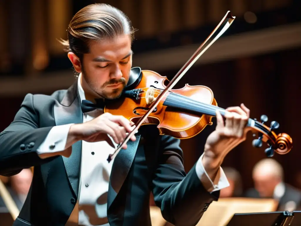 Un violinista ejecuta una técnica compleja con concentración en un teatro iluminado, mostrando maestría y emoción