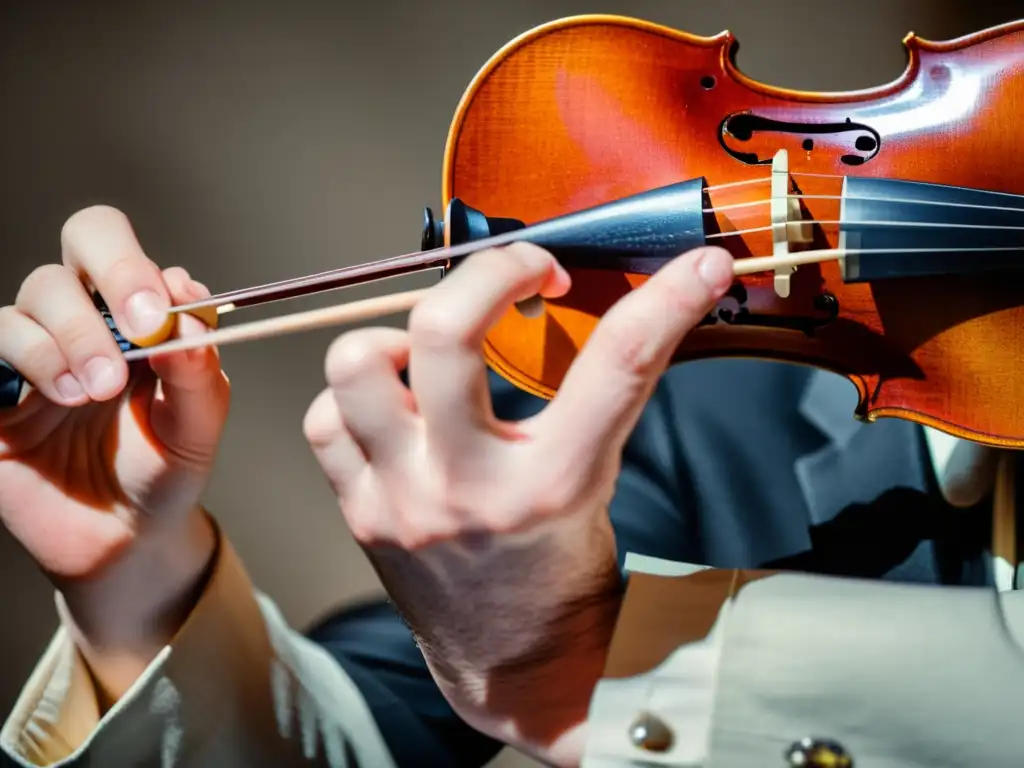 Un violinista ejecuta la técnica staccato con precisión, mostrando tensión y concentración en sus dedos