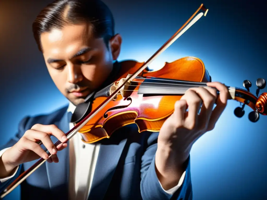 Violinista ejecutando la técnica ricochet en un violín, resaltando su destreza y la belleza de este avanzado método en instrumentos de cuerda