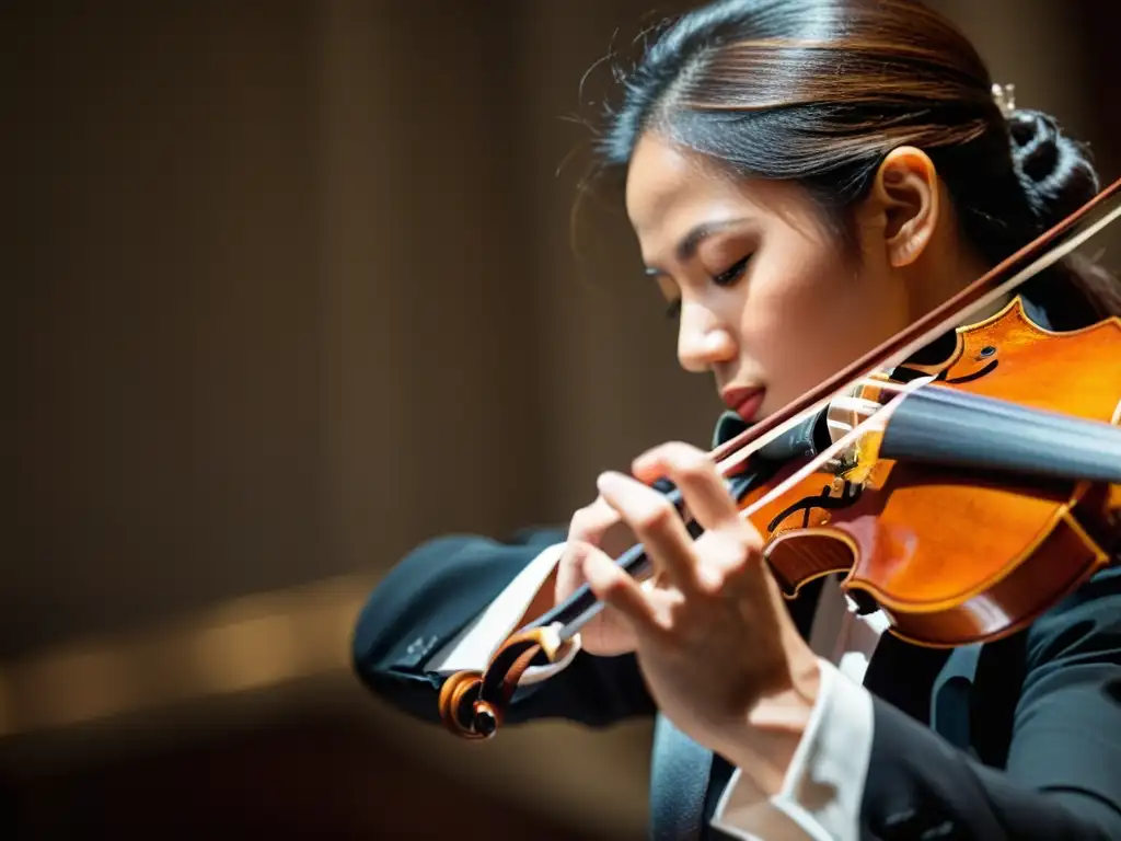 Mano de violinista ejecutando la técnica de chop con precisión Un violinista ejecuta la técnica chop en el violín, destacando la destreza y tensión de sus manos, fusionando ritmos contemporáneos con la tradición