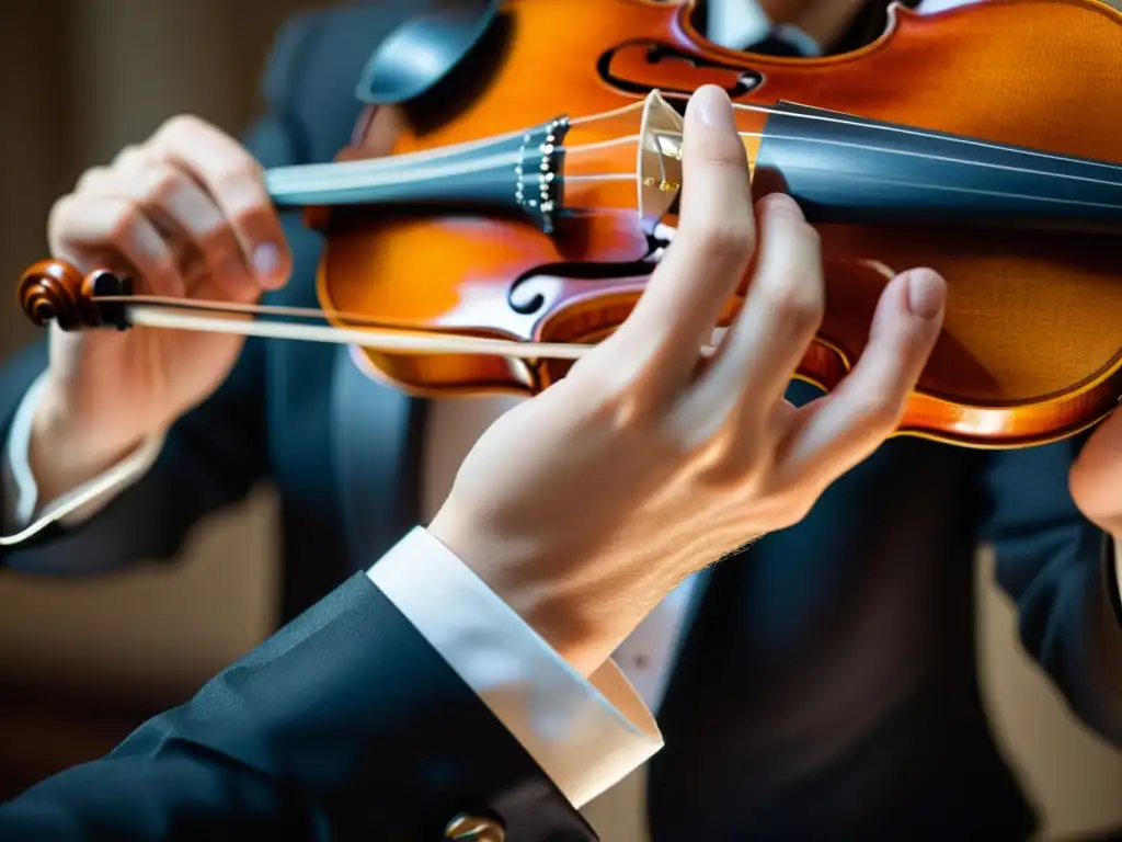 Un violinista ejecuta técnicas legato en instrumentos de cuerda, deslizando con gracia sus dedos sobre las cuerdas, iluminado por suave luz natural