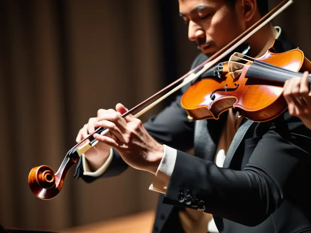 Un violinista hábil ejecuta técnicas de violín improvisado con pasión en un escenario iluminado