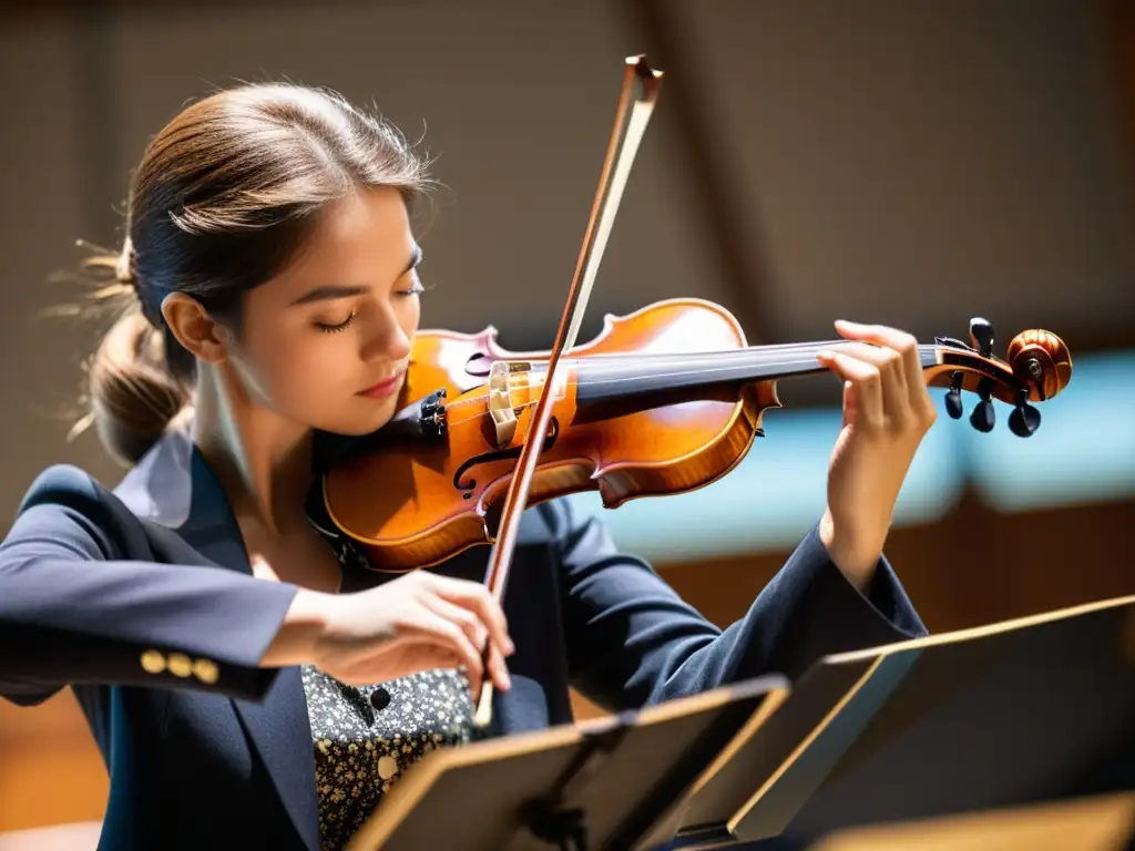 Un violinista hábil toca con pasión su violín en una aula llena de estudiantes, destacando la importancia del violín en pedagogía