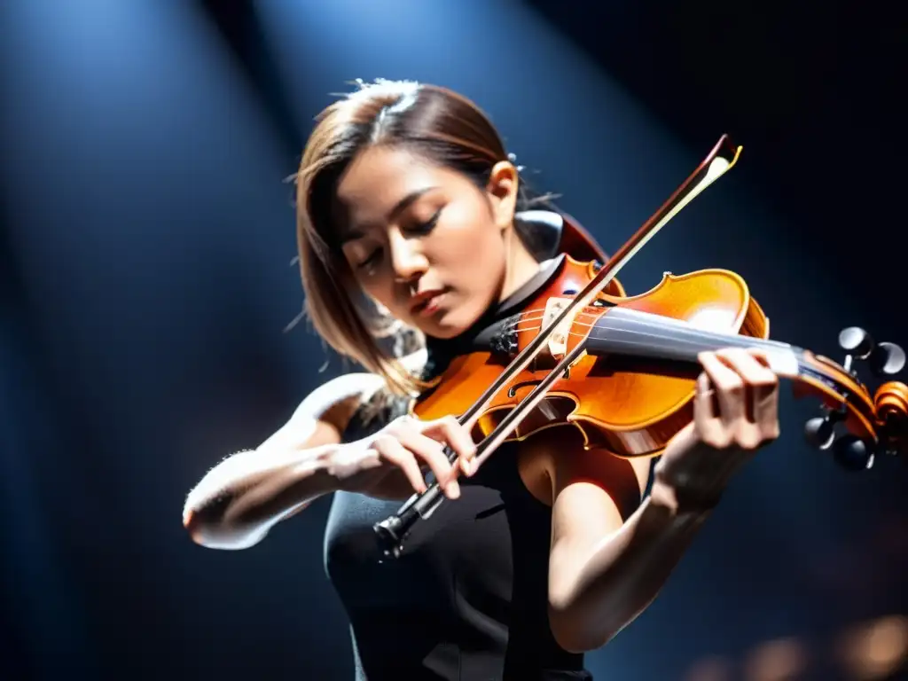 Un violinista ejecuta un violín eléctrico moderno en un escenario tenue