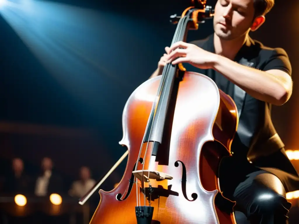 Un violinista toca apasionadamente un violonchelo eléctrico vintage en un escenario tenue, resaltando la evolución y significado del instrumento