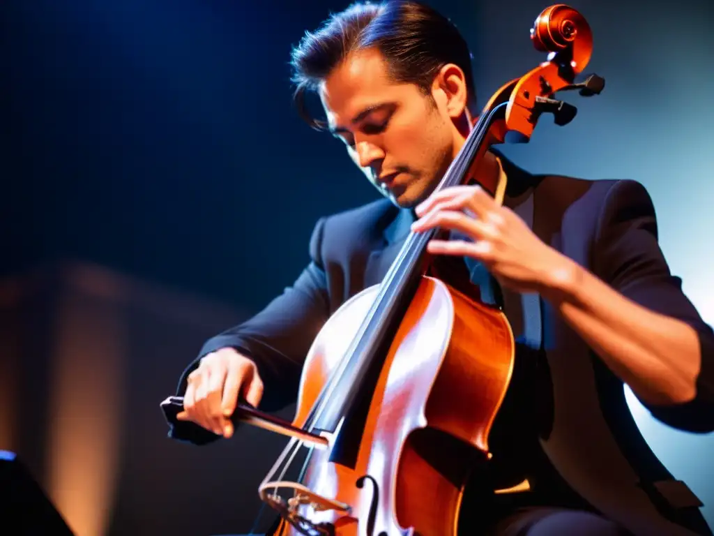 El músico toca con pasión un violonchelo eléctrico en un escenario, creando un ambiente moderno y artístico