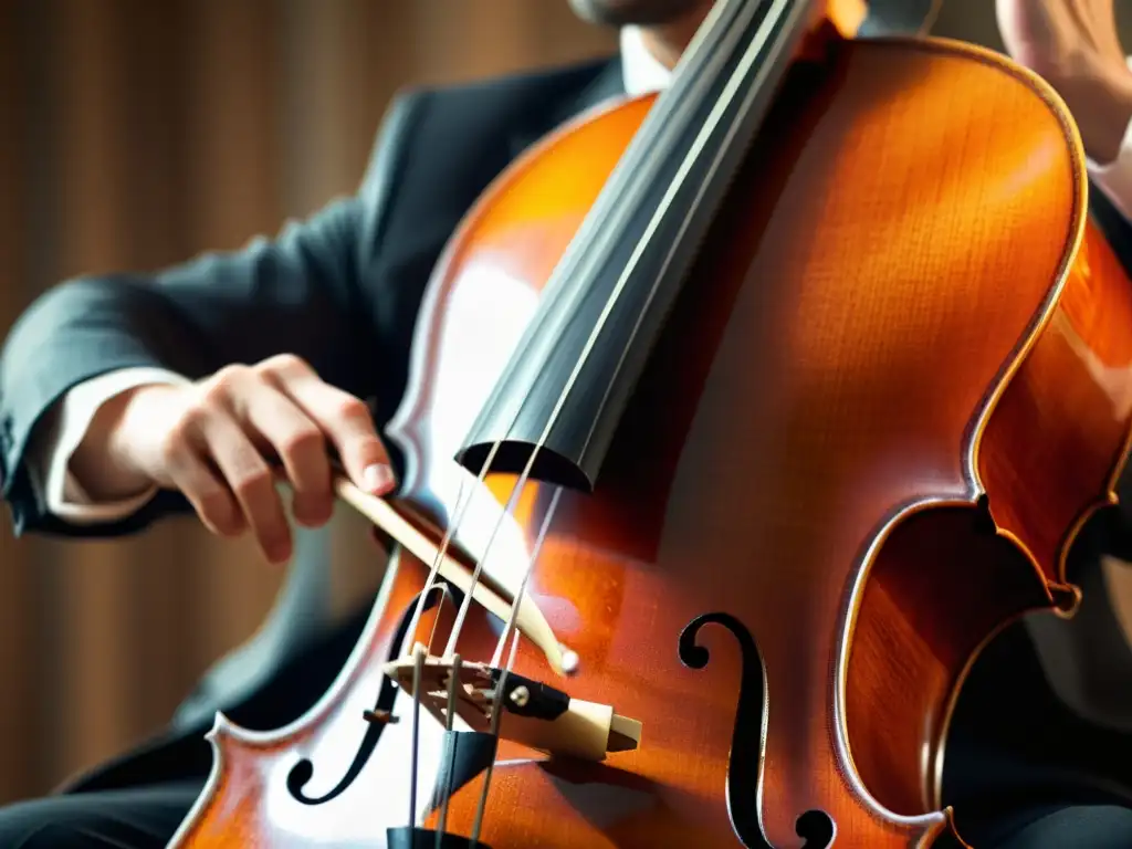 El músico toca el violonchelo con precisión, destacando la física del sonido en instrumentos musicales