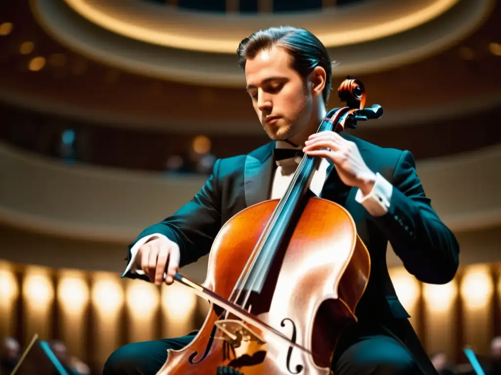 Maestría en el cello: Emoción y destreza en concierto El virtuosismo del chelista en el papel solista del chelo, cautiva con su intensa interpretación en la majestuosa sala de conciertos