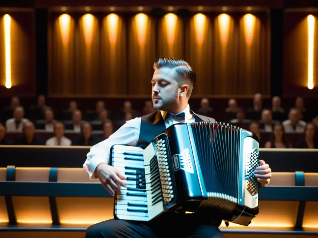 Un virtuoso del acordeón ejecuta un complejo tema con precisión y pasión en un teatro iluminado