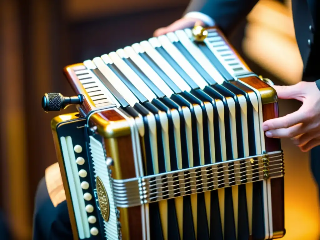 Un virtuoso toca un acordeón diatónico con maestría, mientras una audiencia diversa se deleita