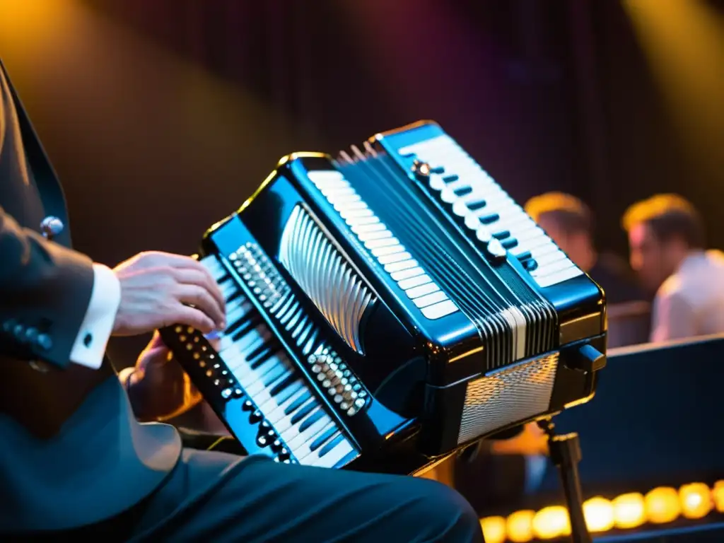 Expresiones virtuosas: manos de acordeonista en acción Un virtuoso del acordeón folclórico improvisa con pasión, mostrando la destreza en sus manos