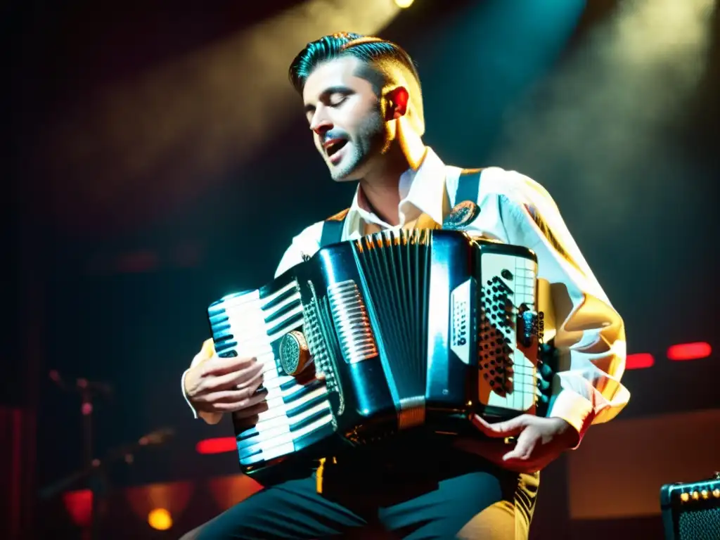 Un virtuoso del acordeón en pleno concierto, transmitiendo pasión y energía