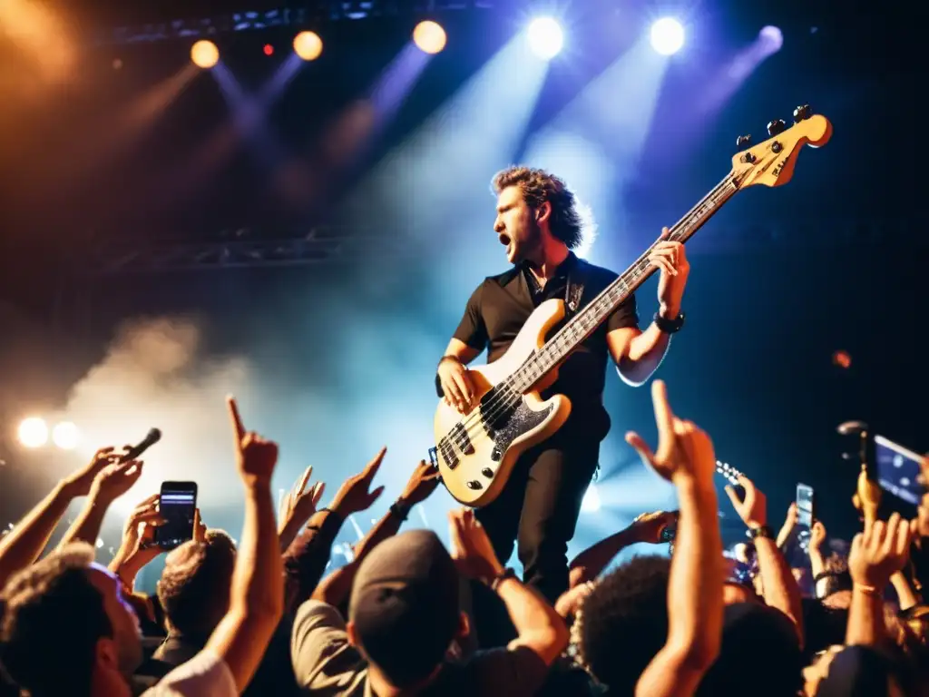 Un virtuoso bajista en pleno concierto, mostrando pasión y destreza