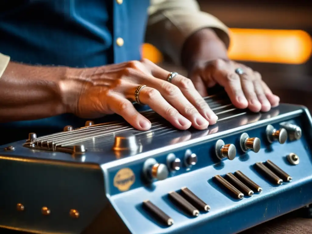 Un virtuoso del blues desliza sus manos expertas por el mástil de una guitarra de acero vintage, revelando la técnica y emoción del slide guitar