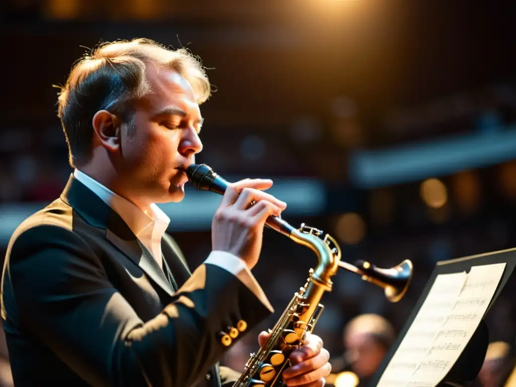 Un virtuoso clarinetista en un escenario de concierto, rodeado de luz dorada y una audiencia emocionada