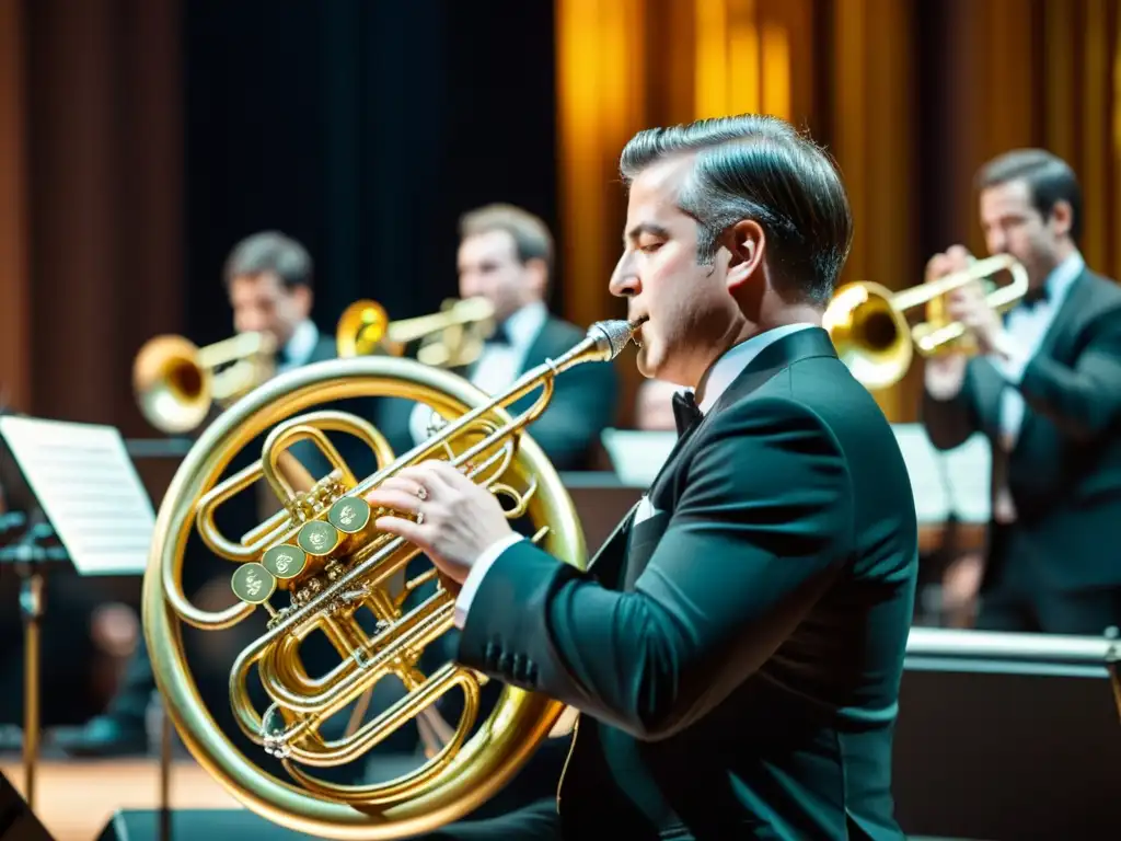 Un virtuoso del tuba interpreta con pasión en el escenario, destacando la belleza del instrumento y la intensidad de la música