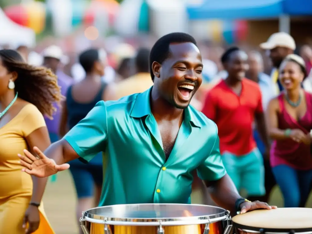 Un virtuoso músico toca el steel drum en un festival de calipso, rodeado de una multitud vibrante