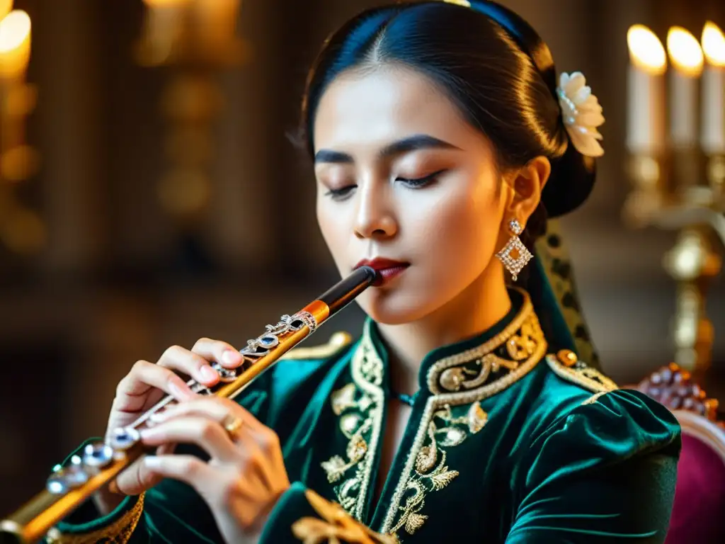 Un virtuoso flautista barroco interpretando con maestría la flauta barroca en una atmósfera cálida y evocadora