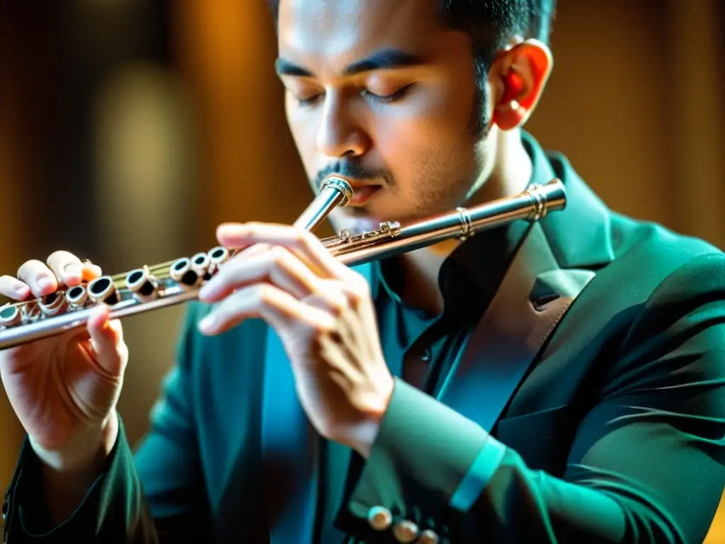 Un virtuoso flautista ejecutando técnicas staccato con precisión y concentración, demostrando maestría en instrumentos de viento