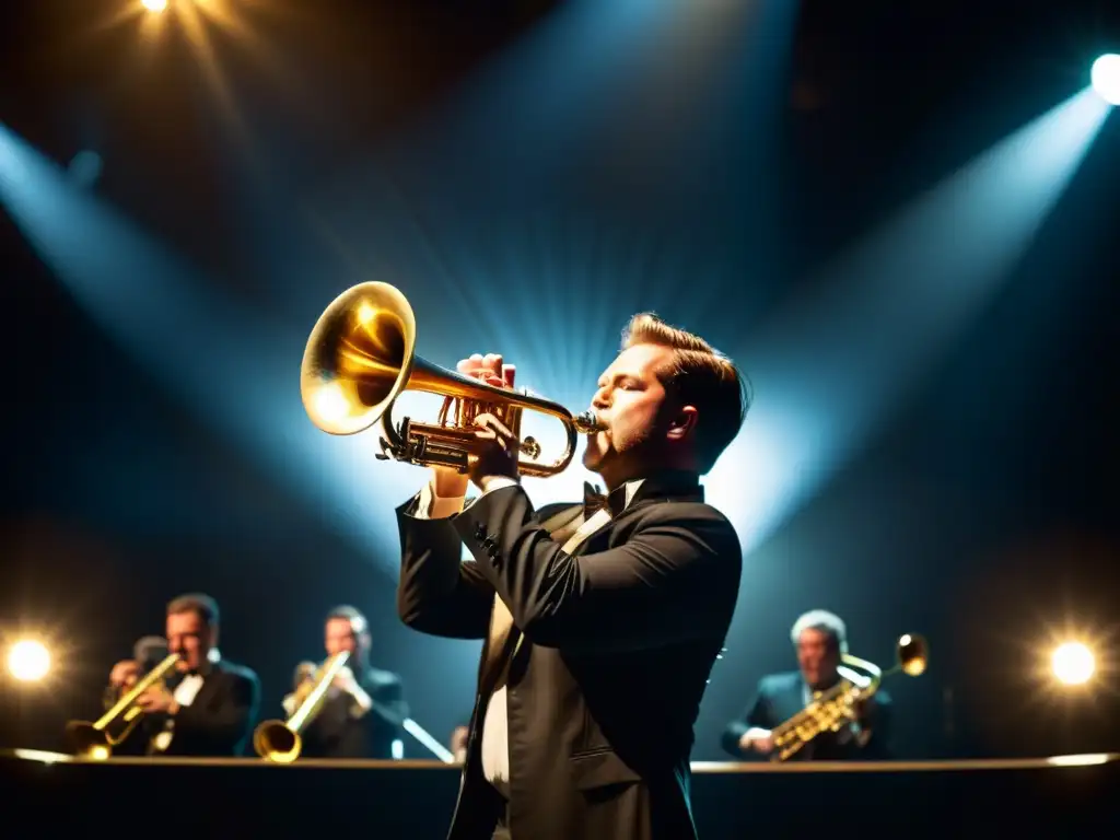 Un virtuoso del flugelhorn deslumbra en el escenario con su intensa interpretación, rodeado de otros músicos y un ambiente emocionante