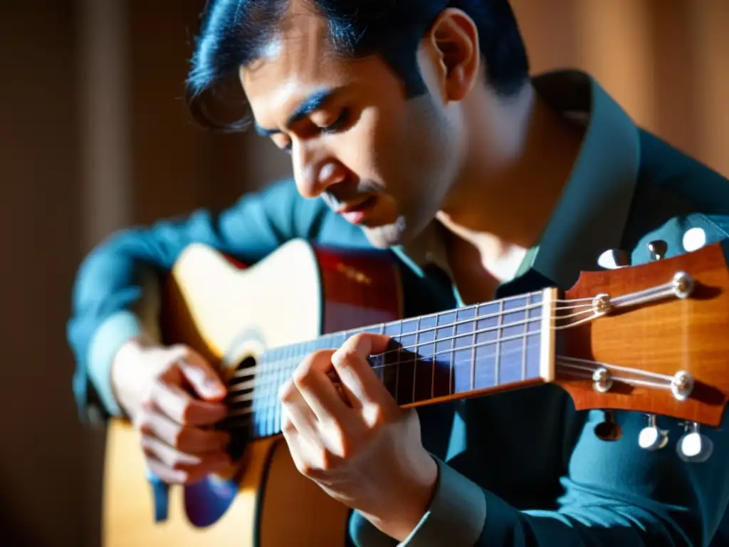 Un virtuoso guitarrista capturado en plena pasión, sus manos expertas dan vida a la música de una guitarra clásica