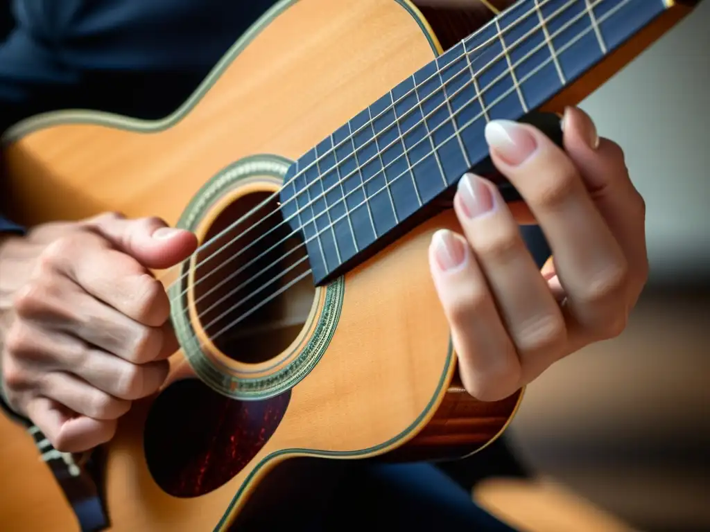 Un virtuoso guitarrista clásico muestra técnicas contrapunto con precisión y gracia mientras sus manos expertas acarician las cuerdas de la guitarra