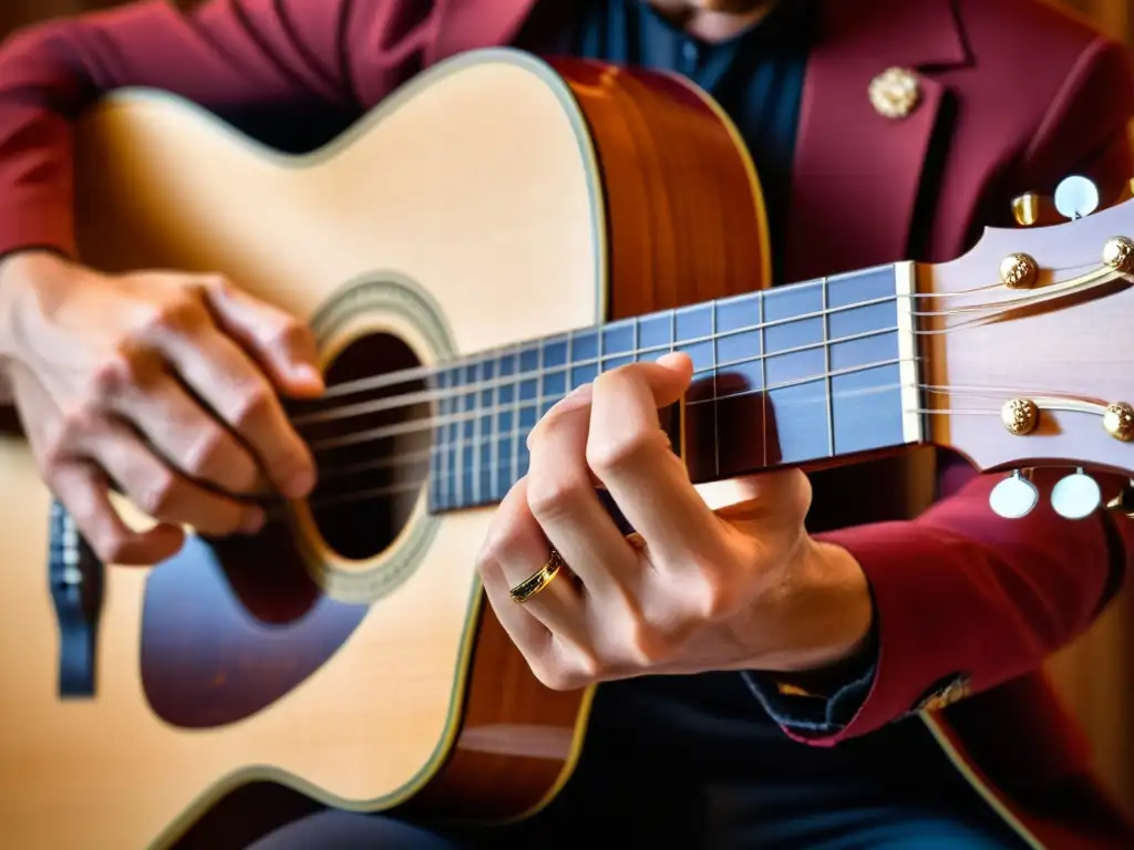 Un virtuoso guitarrista ejecuta una compleja técnica flamenca, mostrando pasión y precisión