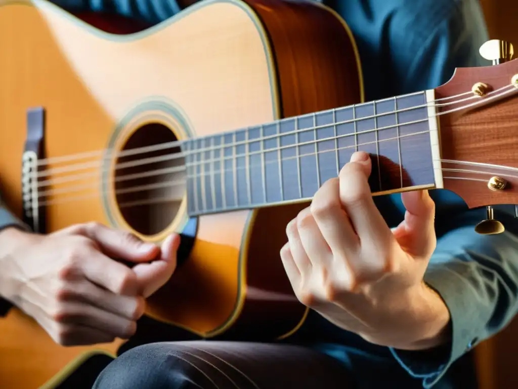 Un virtuoso guitarrista ejecuta con maestría la técnica fingerstyle en una guitarra clásica, creando una polifonía de melodías ricas y complejas