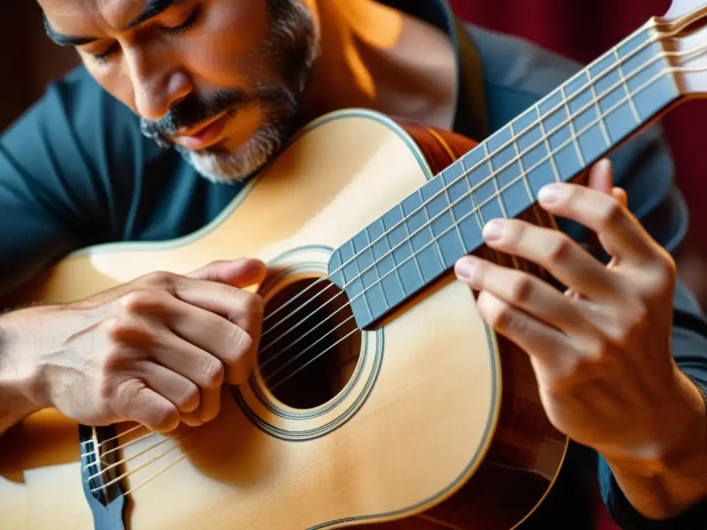 Un virtuoso guitarrista ejecutando una técnica de rasgueo en una guitarra flamenca, mostrando pasión y precisión en cada nota