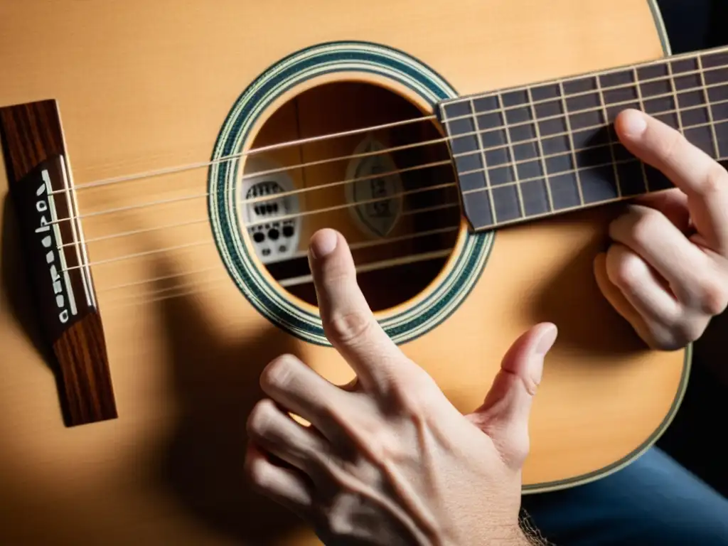 Un virtuoso guitarrista domina las técnicas de vibrato en una guitarra acústica clásica, mostrando maestría y pasión musical