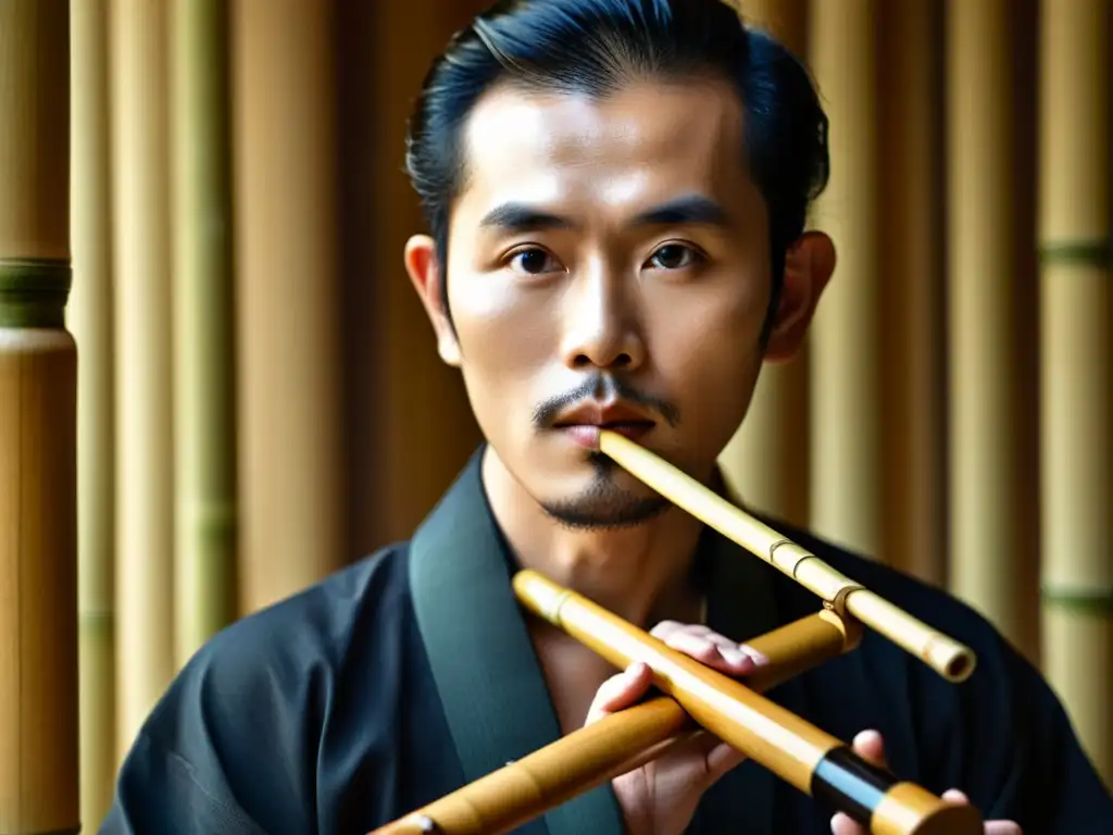 Un virtuoso del shakuhachi japonés, con un sereno semblante, sostiene la flauta de bambú con detalles tallados