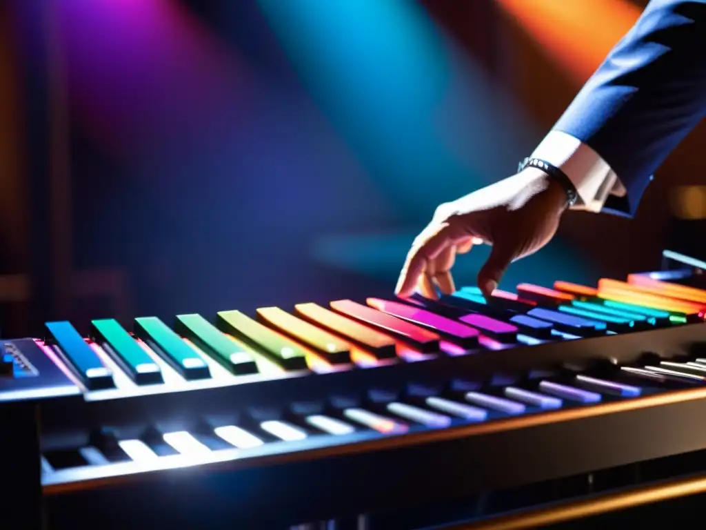 Un virtuoso del jazz interpretando el vibráfono con pasión, iluminado por colores vibrantes