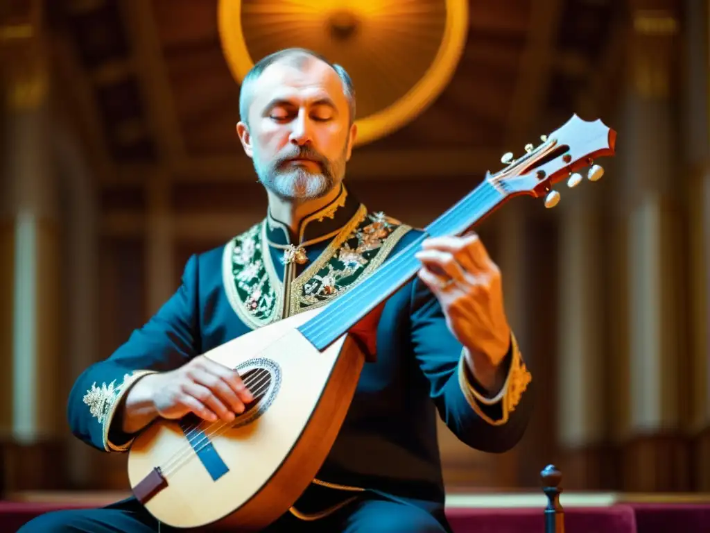 Un virtuoso interpreta la balalaika en un majestuoso teatro, resaltando su origen y evolución