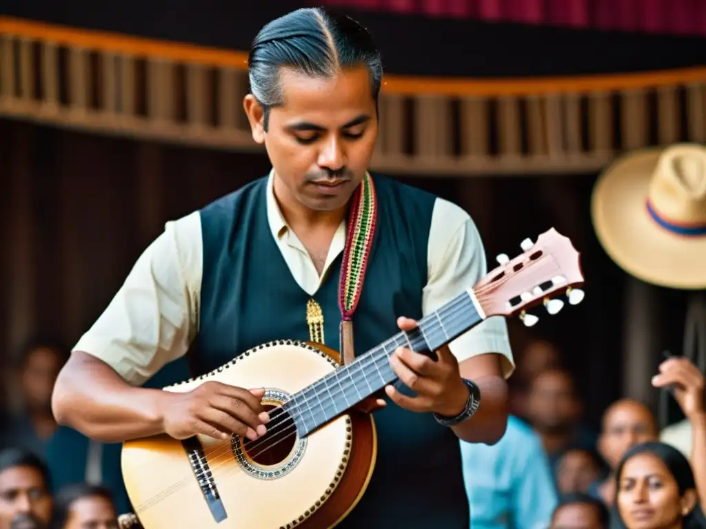 Un virtuoso músico toca el charango en un escenario, cautivando a un público diverso