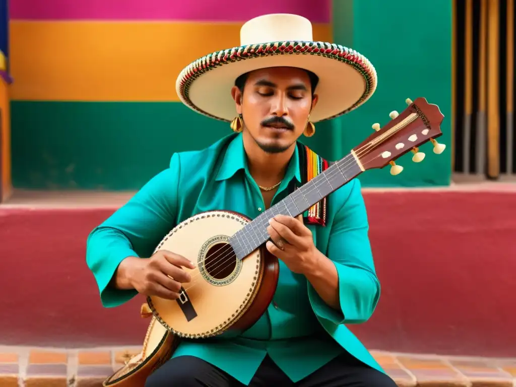 Un virtuoso músico toca con destreza una vihuela mexicana en una plaza vibrante llena de coloridos edificios y entusiastas de la música